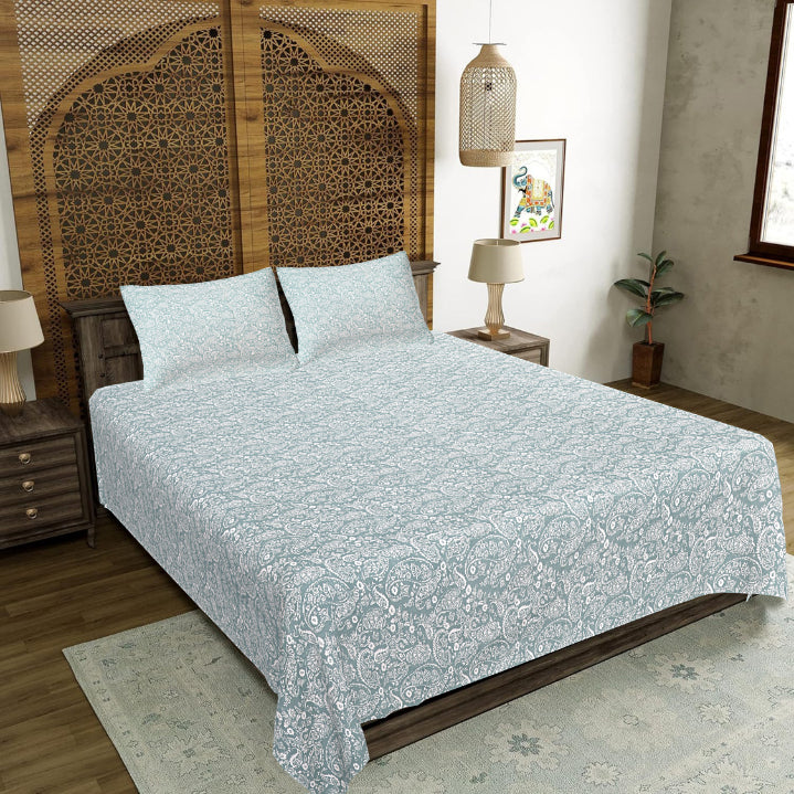 Powder Blue Paisley Double Bed Sheet